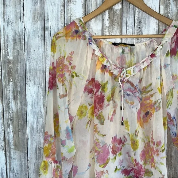 Zara Sheer Floral Peasant Blouse Bell Sleeve Boho Tie Neck Top Women’s M - Picture 3 of 7